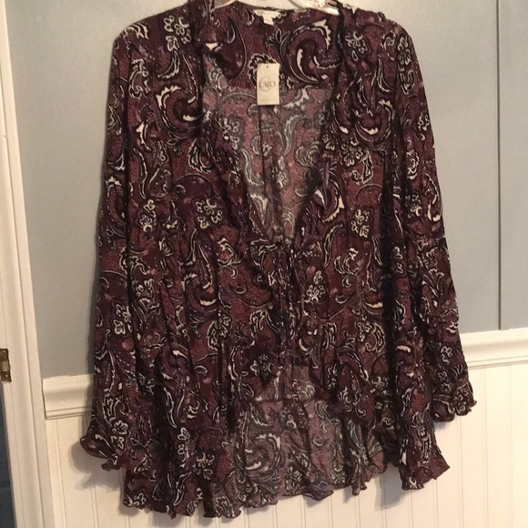 Cato Tops - Open front tie purple print ruffle top NWT